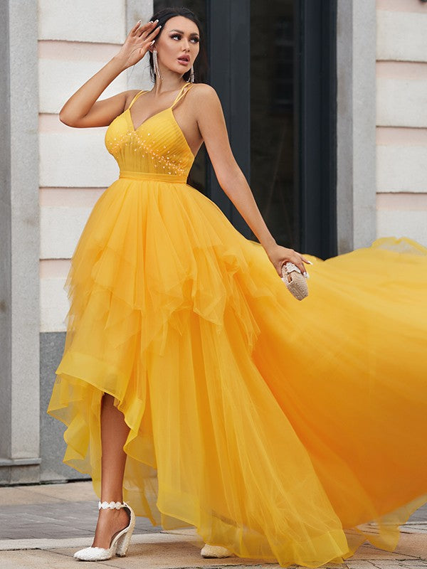 A-Line/Princess Tulle Ruffles V-neck Sleeveless Prom Dresses